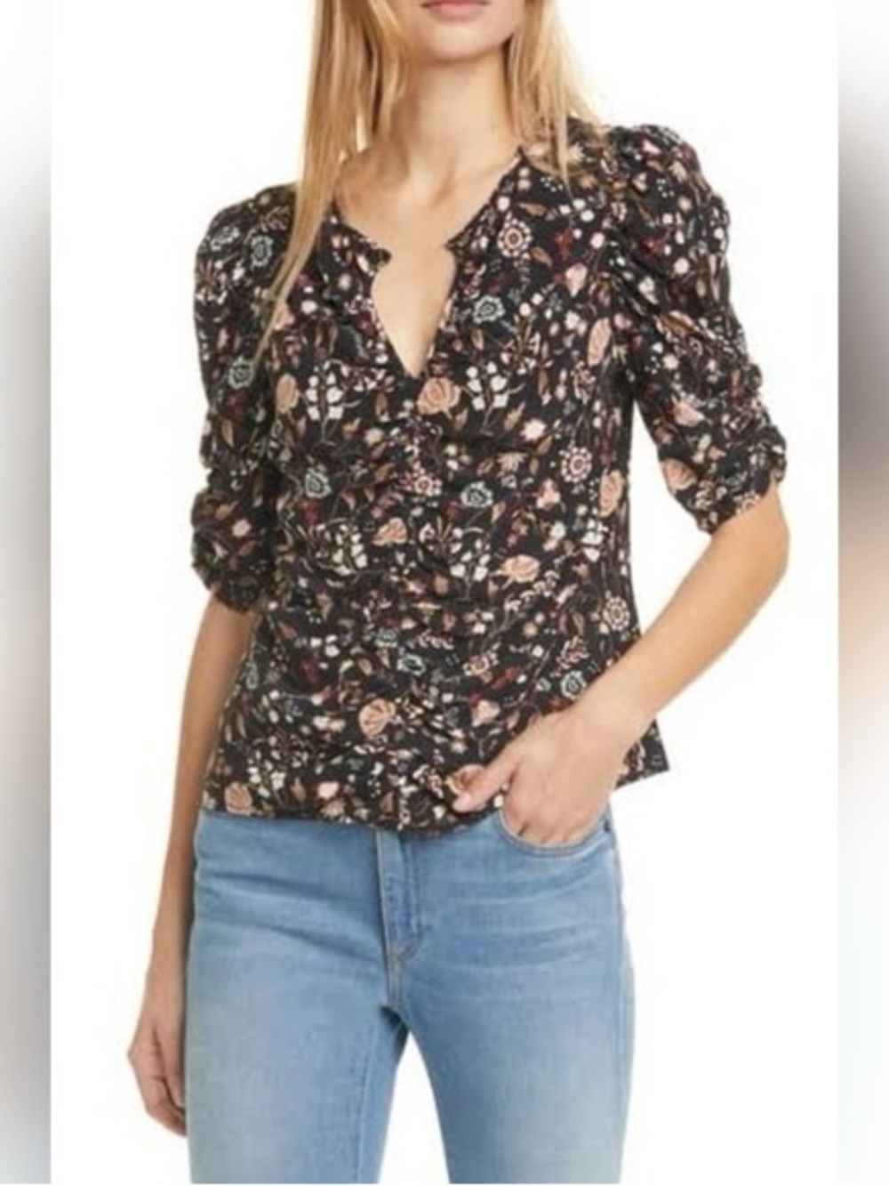 Frame Denim Kate Ruched Floral Silk Short Sleeve Blouse Top